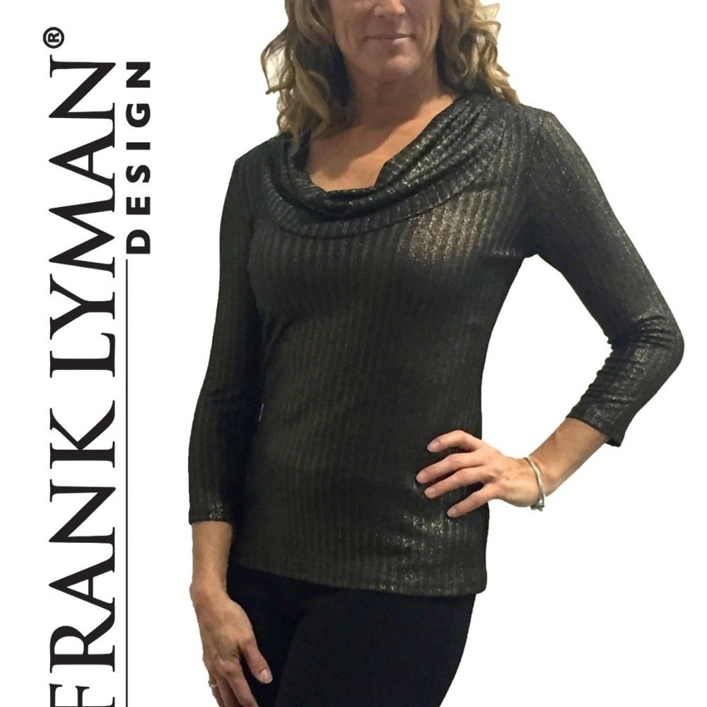 Frank Lyman Design Black Gold Metallic Cowl Neck Ribbed Top 3/4 Sleeve Size‎ 4